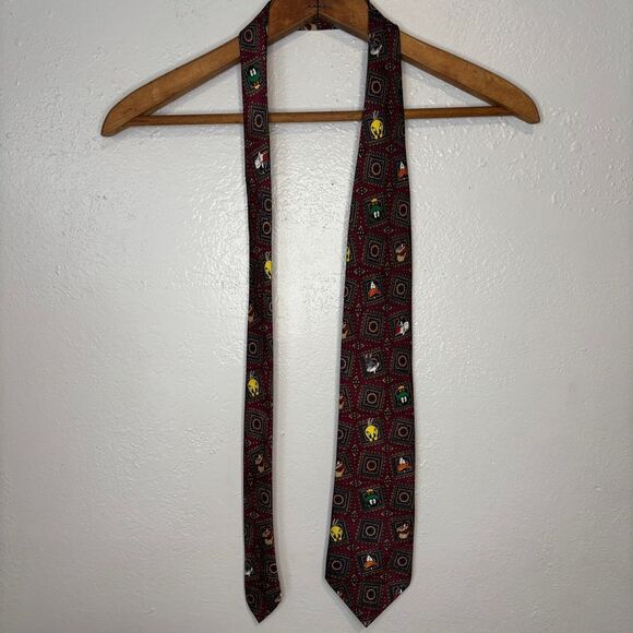 Vtg Burgundy Looney Tunes Mania 90's Mens Necktie Bugs Bunny Tweety Marvin Daffy - Picture 4 of 6